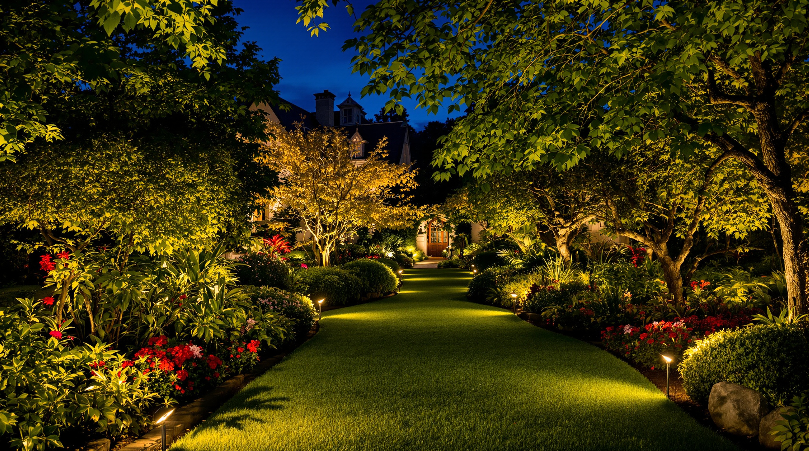 Jardin illuminé la nuit en Vendée